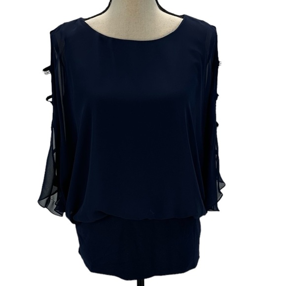 MSK Short Sheer Cut Out Bejeweled Sleeve Blouse - Navy Blue - size PLarge - Picture 1 of 11